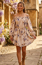 H&M Off Shoulder Floral Smocked Tie Waist Mini Dress Long Puff Sleeve S picture