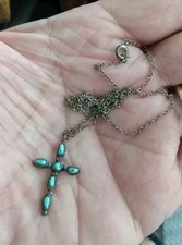 Vintage Sterling Navajo Cross Handmade Turquoise And 18 Inch Sterling Chain picture