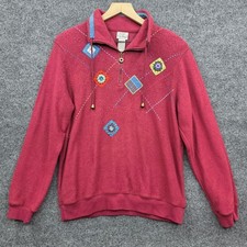 Vintage Koret Quarter Zip Pullover M Red Cottagecore Crochet Patch Folk Art Boho picture