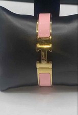 Hermes Clic H Bangle Bracelet Gold-Toned Pink Enamel 6.5