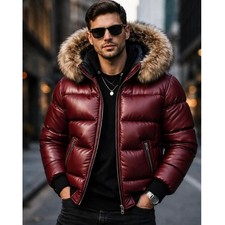 Men's Red Leather Puffer Jacket Fur Hood Winter Bomber Coat Celebrity Style picture
