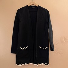 Talbots Cardigan Womens Size XS Scalloped Hem Black White Classic Long Line picture