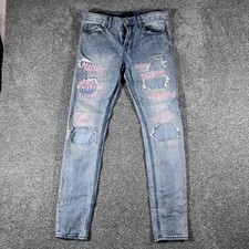 PacSun Stacked Skinny Distressed Paradise Jeans Light Wash Blue Pink Mens 30x30 picture