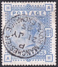 1883/4 SG183 10/- ULTRAMARINE WMK LARGE ANCHOR MANCHESTER CDS (AH) picture