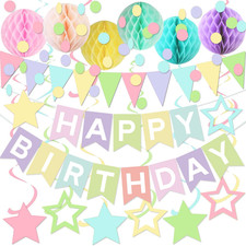 Pastel Happy Birthday Banner Decorations for Girls Women, Honeycomb Balls, Star picture