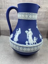 Vintage Dark Blue Wedgwood Jasperware Classical Pitcher - Made in England 7.25” picture