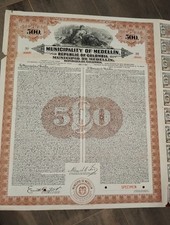 Colombia 1926 Republic $ 500 Medellin Dollars Gold SPECIMEN Bond Loan Share Coup picture