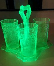 Cambridge  Bridge Green  Uranium Set Center Handled Tray 3 Etched Glass Tumblers picture