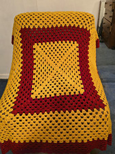 Handmade Crochet Granny Square Sofa Throw Blanket Vintage Yellow/Burgundy 60x48 picture