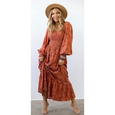 Promesa Rust Floral Long Sleeve Smocked Maxi Dress picture