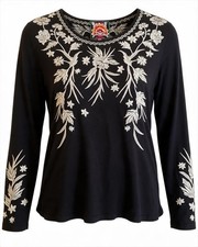 Johnny Was Talithia Black Embroidered Blouse Top Long Sleeve Boho Crew Large picture