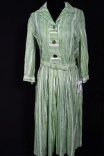 Vintage Deadstock 1950'S Green Striped Cotton Print Dress Size 6-8 With Tags picture