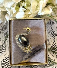 Vintage MEI Alaska Black Diamond Swan Pin Brooch Rhinestones Goldtone picture