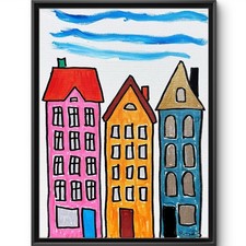 Rutenberg Original 12x16 Folk Colorful City Buildings Painting Signed Canvas 141 picture