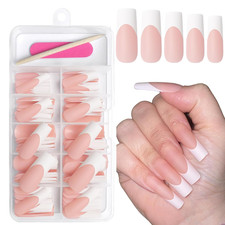 Addfavor 120Pcs White French Tip Press on Nails Long Square Fake Nails Nude Fals picture