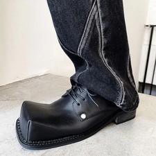 Male Square Head Leather Shoes Chunky Platform Casual Work Low Top Derby Boots picture