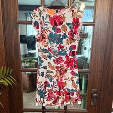 SHEIN Tall Womens Floral Ruffle Cap Sleeve Mini Fit Flare Dress Cream Magenta L picture