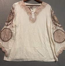 NEW Chico’s Linen Blend Embroidered Tunic Top Women’s Size 2 Bell Sleeve Boho picture