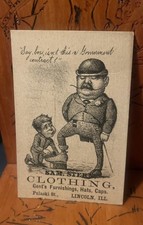 1880 Victorian Trade Card Sam Stern Gents Hats Caps Lincoln IL Political Satire picture