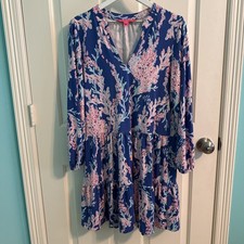 Lilly Pulitzer Traci Coral Print Long Sleeve V Neck Mini Dress Blue Pink M picture