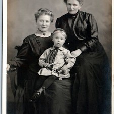 c1910s Two Young Women & Little Boy RPPC Family Portrait Antique Postcard picture
