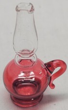 Vintage Antique Miniature Blown Glass Dollhouse Transparent Red Oil Lamp 1-3/4