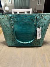 Brahmin Medium Asher Melbourne Turquoise Animal Print Leather Tote Zip Gold picture