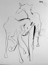 Horses Abstract Cubist Charcoal Drawing On Paper 11”x14” Original Signed picture
