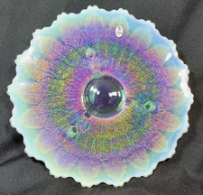 Beautiful Fenton Art Glass 3 Footed Cake Plate Leaf Pattern Multi Iridescent 12