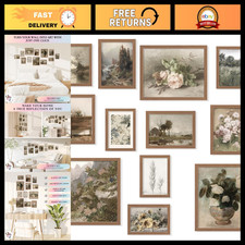 Vintage French Country Wall Art Set - 12 Prints in Rustic Brown Frame, Home Deco picture