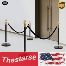 8PCS Black+Gold Stanchion Posts Queue Pole w/ 4 1.5M Ropes Crowd Control Barrier picture