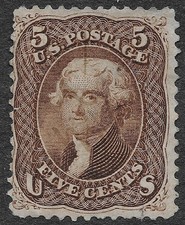 MMK Philately: US Scott #76 Used Light Red Pen Cancel 5c Jefferson SCV $125 picture