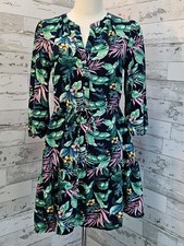 Loft Palm Henley Flounce Shirtdress Small Belted 3/4 Sleeves Green Tropical picture
