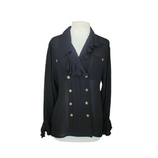 Vintage 1980s Karl Lagerfeld Blouse Black Silk Ruffled Front Shirt Gold Buttons picture