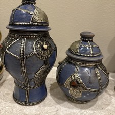 2 Early 20th Century Engraved Moroccan Blue Lidded Bowl Vintage picture