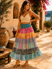 Boho Tiered Maxi Skirt Colorful Patchwork Print Long Elastic Waist Free Size picture