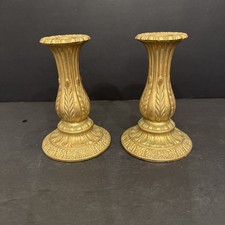 Vintage Pair Of Ornate Baroque Style Brass Heavy Gold Candleholders 6” H By 4” W picture