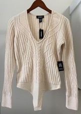 NWT Express Women's M Cable Knit V-Neck Sweater Thong Bodysuit Cream/Ivory $98 picture