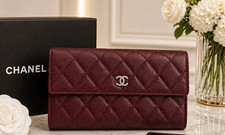 Authentic Chanel Burgundy Quilted Leather Long Wallet CC Flap Wallet picture