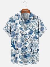 Tall Ocean Reef Marine Life Mens Hawaiian Short Sleeve Shirt Summer Go DUTY PAID picture