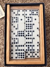 Cardinal Double Nine Dominoes 55 Pc Wood Box Beveled Glass Lid Complete 2001 picture