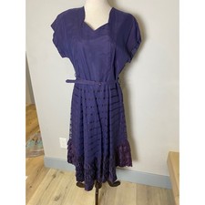 Vintage 1940s Purple Midi Dress Sheer Ribbon Tiered Ruffle Hem Side Zip Size M picture