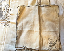 Vtg Embroidered Tablecloth & 6 Napkins Beige Floral Cutwork Portugal 50