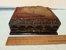 Antique Victorian Black Papier Mache Sewing Needle Button Box w Pin Cushion Top picture