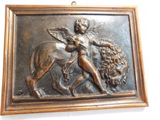 Antique Swedish Cast Iron Wall Plaque Skoglund Olson Gefle Cupid Lion Relief picture