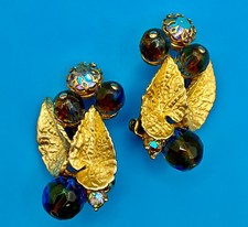 Rare Vintage Signed Schiaparelli Art Glass Leaf Clip-On Earrings Blue Aurora picture