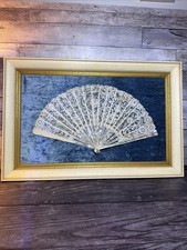 Antique 19C Lace Fan Mother of Pearl Shadowbox Framed 23x15.5 Large Wall Art picture