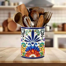 Mexican Tiles Kitchen Utensil Holder, Mexica Theme Talavera Large Ceramic Utensi picture