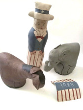 Set Primitive Handmade Patriotic Americana 4th July Uncle Sam, Donkey, Elephant  picture