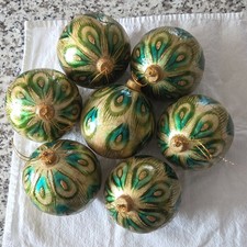 Vintage: Pier 1 Set of 7 Peacock Feather Capiz Christmas Ornaments picture